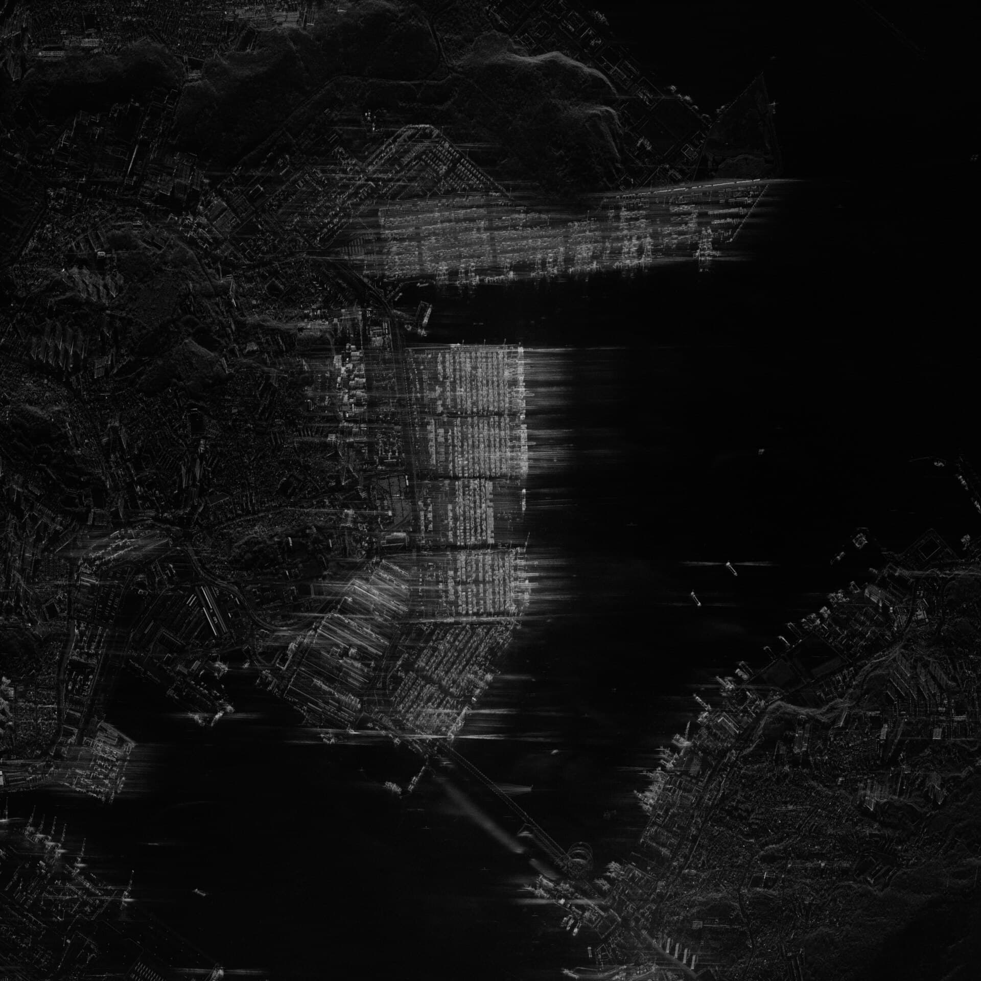 Synthetic-aperture radar image of vessels and quays in a port